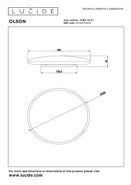 Lucide OLSON - Plafonnier - Ø 29 cm - LED Dim. - CCT - 1x24W 3000K/6500K - Opalin - technique